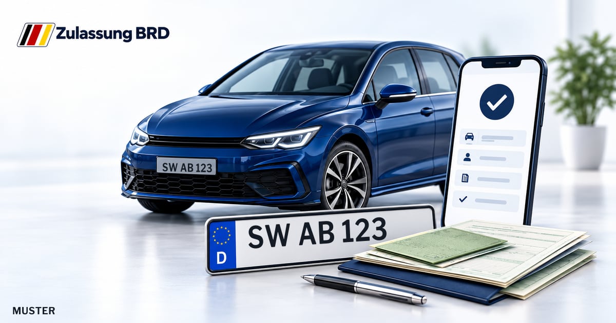 Online Fahrzeugzulassung in Landkreis Schweinfurt: Musterkennzeichen SW AB 123, Auto und Fahrzeugpapiere und Smartphone. Illustration mit Logo von Zulassung BRD.